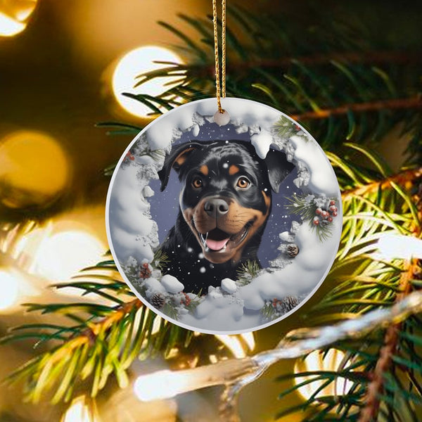 Snowy Winter Dog Ornament, Rottweiler Christmas Ornament, Glossy Ceramic Tree Ornament, Round Dog Lover Keepsake, Festive Hol