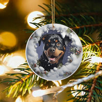 Snowy Winter Dog Ornament, Rottweiler Christmas Ornament, Glossy Ceramic Tree Ornament, Round Dog Lover Keepsake, Festive Holiday Pet Present