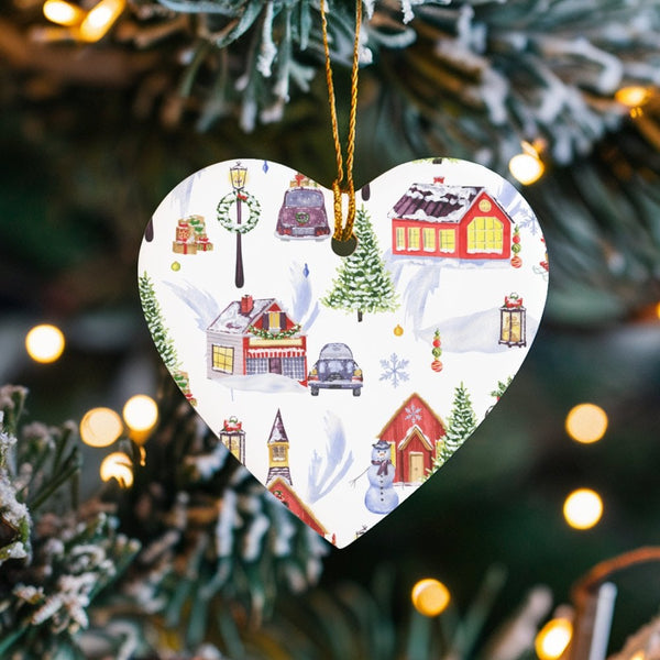Snowy Winter Town Ceramic Ornament, Watercolor Christmas Village Heart Ornament, Holiday Landscape Tree Ornament, Christmas K