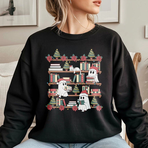 Adorable Bookish Christmas Crewneck, Christmas Ghost Bookshelf Sweatshirt, Reading Ghost Holiday Sweatshirt, Book Lover Chris