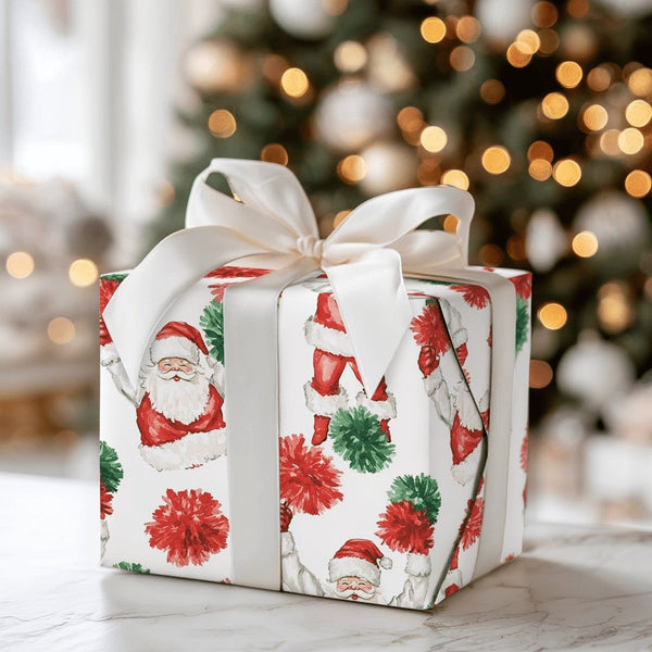 Humorous Pom-Pom Holiday Gift Wrap, Cheerleader Santa Christmas Wrapping Paper, Whimsical Santa Claus Wrapping Paper, Novelty