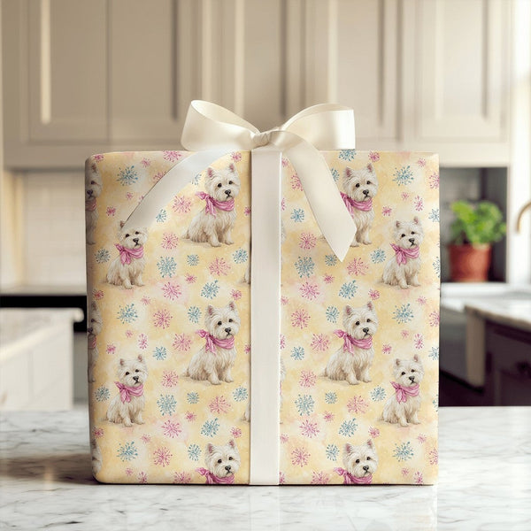Watercolor Terrier Winter Gift Wrap, Westie Dog Christmas Wrapping Paper, Pink Scarf Puppy Wrapping Paper Roll, Adorable Dog 