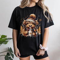 Adorable Winter Scarf Cocoa Graphic Tee, Highland Cow Christmas T-Shirt, Festive Scottish Cow Shirt, Holiday Animal Lover T-Shirt, Xmas Present