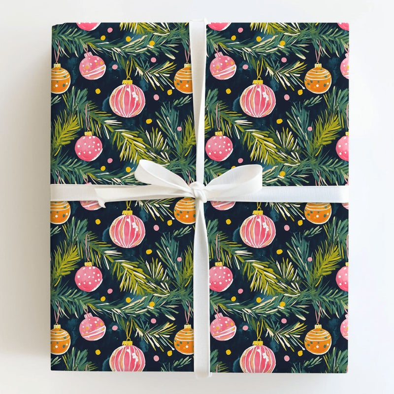 Pink Orange Ornament Gift Wrap, Watercolor Christmas Wrapping Paper, Pine Branch Holiday Wrapping Paper, Artistic Christmas Gift Wrap Roll