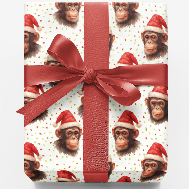 Humorous Monkey Santa Claus Gift Wrap, Christmas Chimp Wrapping Paper, Holiday Present Paper Roll, Adorable Christmas Animal Gift Wrap Paper