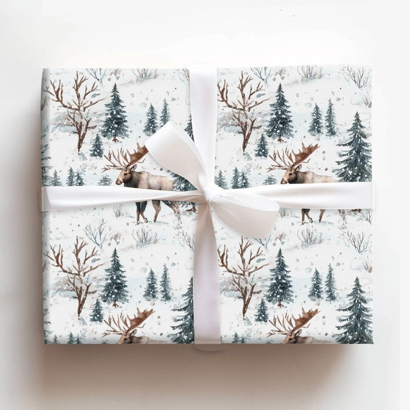 Winter Forest Holiday Gift Wrap, Watercolor Moose Christmas Wrapping Paper, Rustic Wildlife Wrapping Paper, Snowy Nature Gift Wrapping Paper