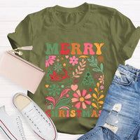 Colorful Flowers Holiday Trees Tee, Christmas Floral Tree Shirt, Botanical Xmas Graphic T-Shirt, Festive Winter Holiday Apparel