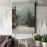 Vintage Winter Townscape Wall Art, Snowy Christmas Village Canvas, Festive Holiday Christmas Canvas Print, Comfy Seasonal Living Room Decor