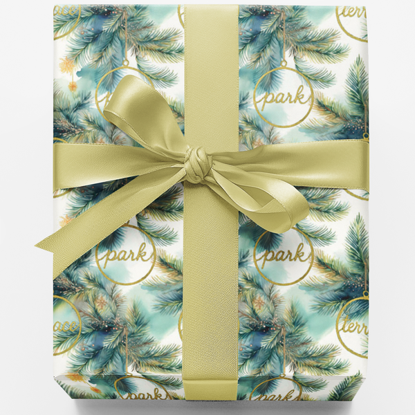 Botanical Pine and Gold Ornament Gift Wrap, Christmas Wrapping Paper, Elegant Holiday Present Paper Roll, Winter Xmas Present