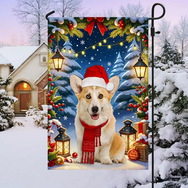 Santa Hat Dog Holiday Yard Flag, Corgi Christmas Garden Flag, Winter Corgi Outdoor Flag, Double-Sided Festive Puppy Lawn Deco