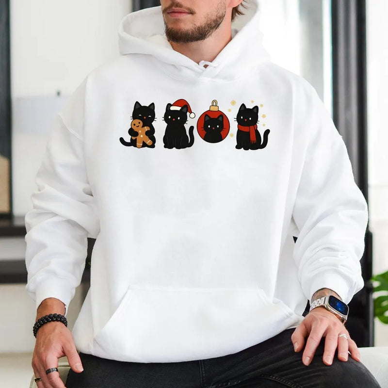 Adorable Holiday Kitten Sweatshirt, Black Cat Christmas Hoodie, Festive Cat Lover Pullover, Spooky Adorable Winter Hooded Sweatshirt, Xmas Present