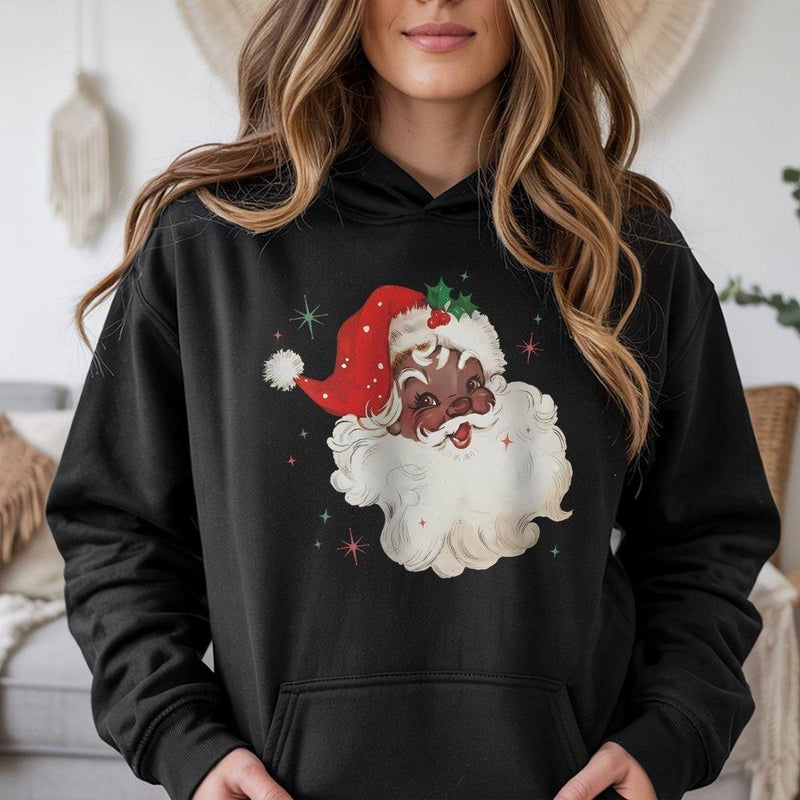 Vintage Black Santa Christmas Hoodie, Black Santa Hoodie, Retro African American Santa Hoodie, Festive Xmas Hooded Sweatshirt Pullover