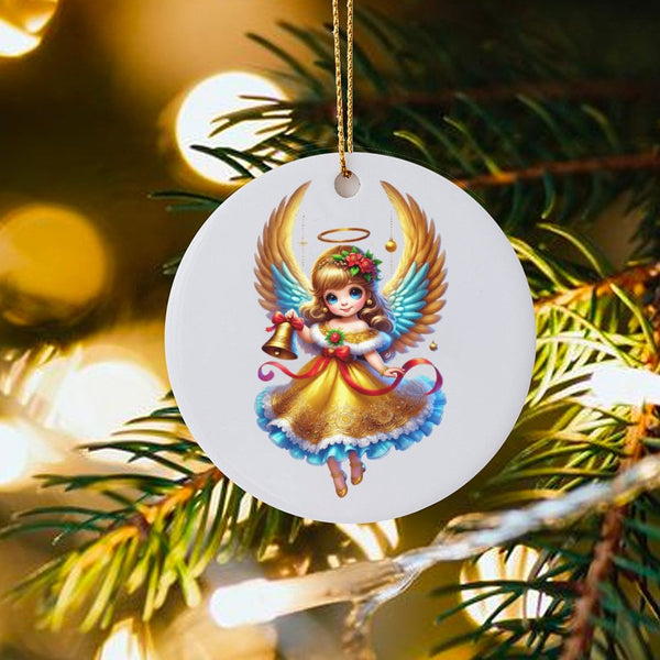Adorable Angel Tree Ornament, Chibi Christmas Angel Ceramic Ornament, Golden Wings Angel Holiday Ornament, Ceramic Christmas 