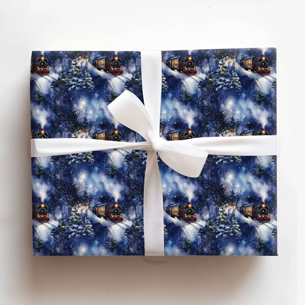 Winter Forest Night Gift Wrap, Christmas Steam Train Wrapping Paper, Locomotive Snow Paper Roll, Holiday Gift Wrap, Train Lov