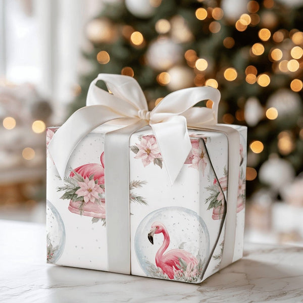 Tropical Christmas Gift Wrap, Snow Globe Flamingo Wrapping Paper, Watercolor Pink Poinsettia Present Paper, Winter Holiday Wr