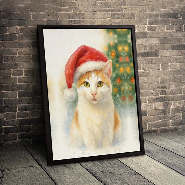 Orange Tabby in Santa Hat Canvas Print, Christmas Cat Canvas Wall Art, Adorable Festive Holiday Wall Decor, Winter Kitten Can