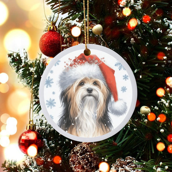 Santa Hat Winter Snowflakes Ornament, Havanese Dog Christmas Ornament, Holiday Ceramic Ornament, Pet Lover Tree Decor, Dog Mo