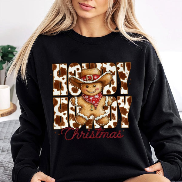Western Gingerbread Man Sweatshirt, Howdy Christmas Sweatshirt, Retro Cowboy Sweatshirt, Cowprint Xmas Crewneck, Holiday Seas