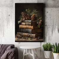 Christmas Holly Canvas Print, Vintage Book Stack Canvas Wall Art, Holiday Still Life Wall Decor, Comfy Winter Bookish Home Decor Canvas Art