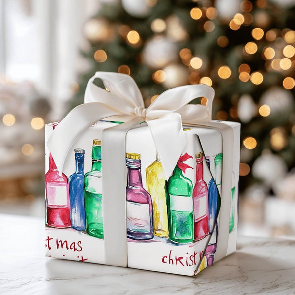 Humorous Liquor Bottle Gift Wrap, Christmas Spirit Wrapping Paper, Adult Holiday Pun Wrapping Paper, Adorable Alcohol Bottle 
