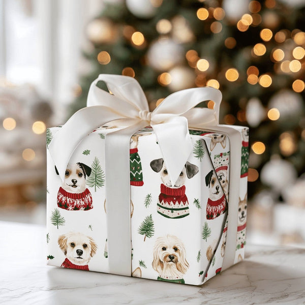 Adorable Christmas Dog Gift Wrap, Dogs in Holiday Sweaters Wrapping Paper, Festive Puppy Holiday Wrapping Paper, Dog Lover Pr