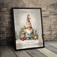 Watercolor Holiday Winter Gnome Print, Christmas Gnome Canvas Wall Art, Festive Lantern Nordic Gnome Art, Comfy Christmas Seasonal Wall Decor