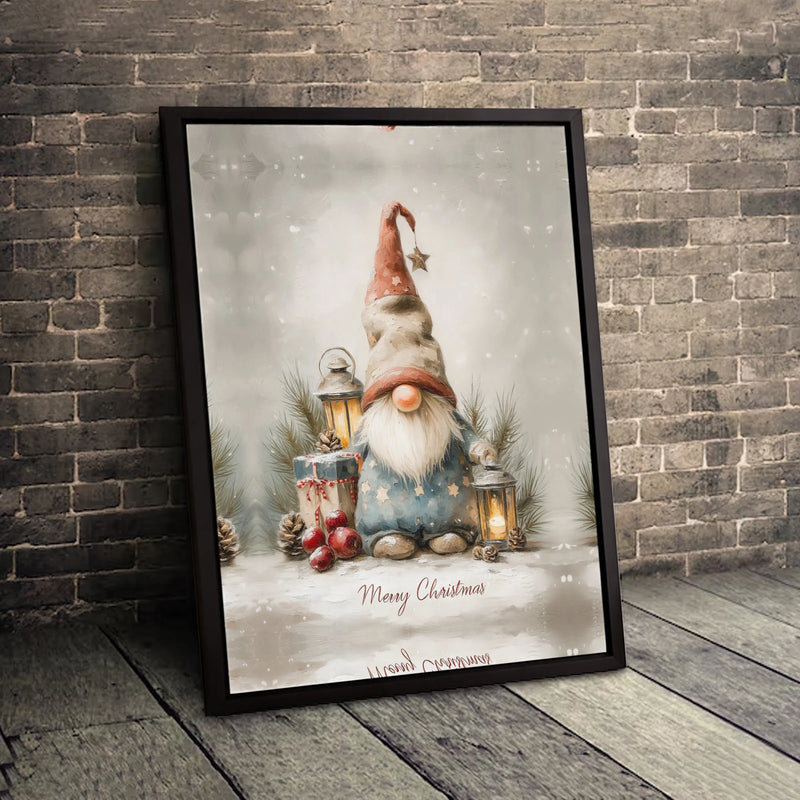 Watercolor Holiday Gnome Print, Christmas Gnome Canvas Wall Art, Festive Xmas Lantern Poster, Winter Home Decor Digital Download