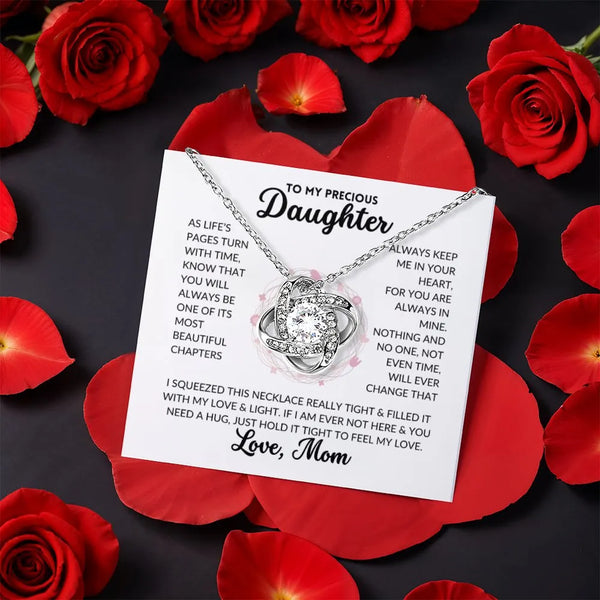 Keepsake Crystal Love Knot Pendant, Daughter Love Knot Necklace, Rose Box Love Knot Necklace, Gold Daughter Jewelry, Birthday
