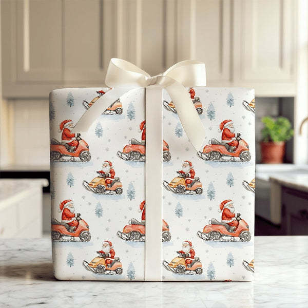 Watercolor Snowmobile Santa Gift Wrap, Snowmobile Santa Wrapping Paper, Winter Adventure Santa Wrapping Paper, Christmas Holi