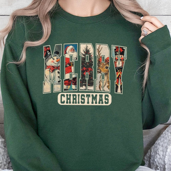 Retro Holiday Graphic Sweater, Merry Christmas Sweatshirt, Vintage Xmas Crewneck, Adorable Winter Season Pullover, Festive Pr