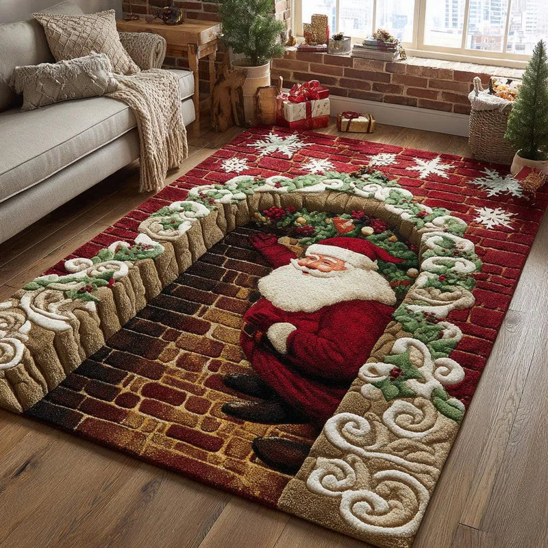 3D Optical Illusion Fireplace Rug, Christmas Santa Chimney Area Rug, Holiday Living Room Carpet, Festive Xmas Floor Mat Decor