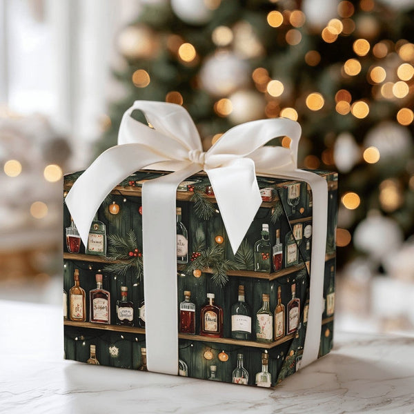 Liquor Bottle Shelves Gift Wrap, Holiday Bar Cabinet Wrapping Paper, Festive Wine Shelf Wrapping Paper, Adult Christmas Party