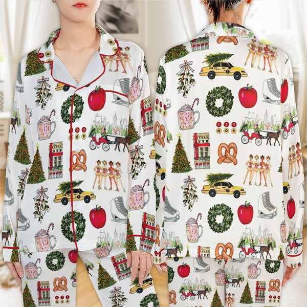 New York City Holiday Pajama Set, NYC Christmas Satin Pajamas, Festive City Sleepwear Set, Winter Holiday Loungewear, Present