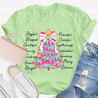 Aesthetic Holiday Graphic Tee, Joyful Peaceful Cheerful Christmas Tree T-Shirt, Retro Xmas Tree Shirt, Festive Winter Holiday Party Top