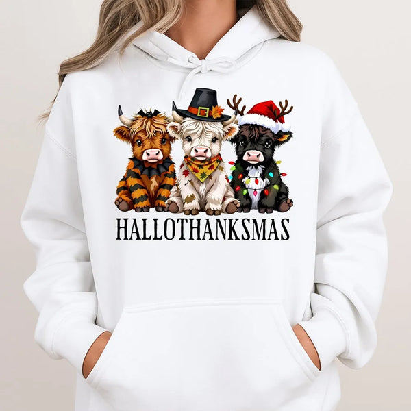 Adorable Highland Cow Sweatshirt, Highland Cow Hallothanksmas Hoodie, Fall Thanksgiving Christmas Hoodie, Humorous Farm Anima