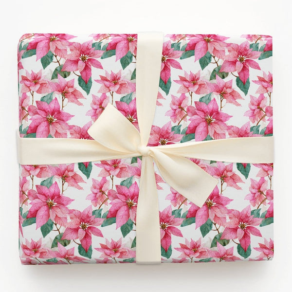 Watercolor Floral Christmas Gift Wrap, Pink Poinsettia Wrapping Paper, Botanical Winter Holiday Paper, Elegant Festive Wrappi