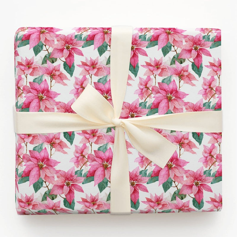 Watercolor Floral Christmas Gift Wrap, Pink Poinsettia Wrapping Paper, Botanical Winter Holiday Paper, Elegant Festive Wrapping Paper Roll