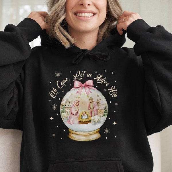 Nativity Scene Christmas Sweatshirt, Oh Come Let Us Adore Him Hoodie, Christian Holiday Pullover, Faith Hooded Sweatshirt, Re
