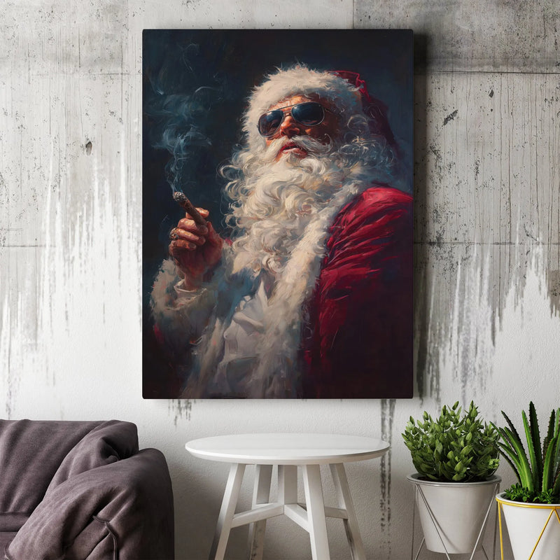 Sunglasses Cigar Santa Canvas Print, Cool Santa Claus Canvas Wall Art, Humorous Retro Christmas Canvas Decor, Quirky Holiday Wall Hanging