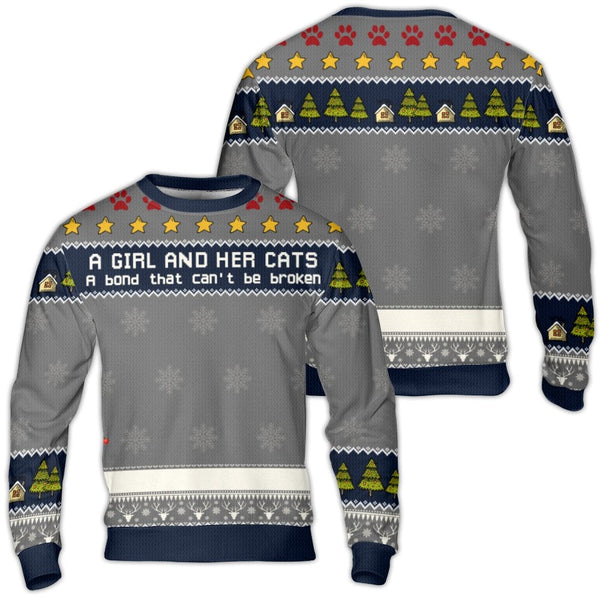 Bond That Cannot Be Broken Christmas Sweater, A Girl and Her Cats Ugly Sweater, Adorable Cat Lover Holiday Sweater, Cat Mom C