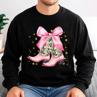 Pink Cowgirl Christmas Sweatshirt, Western Christmas Boots Sweatshirt, Holiday Bow Sweatshirt, Country Western Crewneck, Present for Her