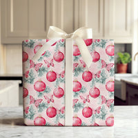 Red Ornament Gift Wrap, Pink Butterfly Christmas Wrapping Paper, Whimsical Winter Pine Present Wrap, Coquette Holiday Gift Wrapping Paper