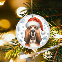 Santa Hat Dog Ceramic Ornament, Basset Hound Christmas Ornament, Adorable Puppy Holiday Ornament, Xmas Tree Pet Decor, Dog Lover Keepsake Present