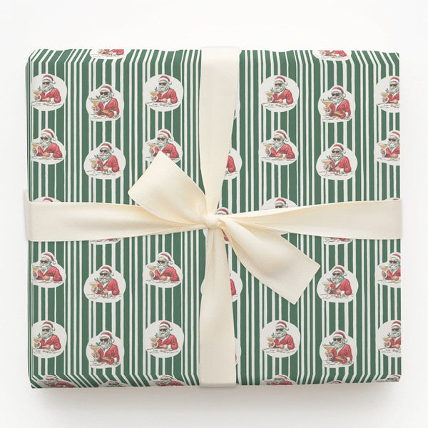 Humorous Sunglasses Santa Gift Wrap, Cocktail Santa Wrapping Paper, Striped Christmas Present Paper, Cool Holiday Wrapping Pa