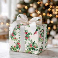 Traditional Christmas Gift Wrap, Watercolor Holly Berries Wrapping Paper, Botanical Holiday Wrapping Paper, Classic Winter Gift Wrap Roll