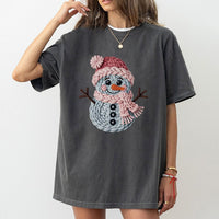 Adorable Winter Snowman T-Shirt, Knitted Snowman Christmas Shirt, Faux Knit Holiday Graphic Tee, Comfy Xmas Present Shirt for Women