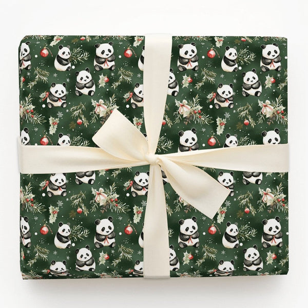 Holly Pine Christmas Gift Wrap, Green Panda Bear Wrapping Paper, Adorable Animal Holiday Present Paper, Festive Xmas Wrapping