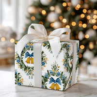 Floral Wreath Damask Gift Wrap, Golden Bells Christmas Wrapping Paper, Elegant Holiday Wrapping Paper, Traditional Seasonal Present Wrap