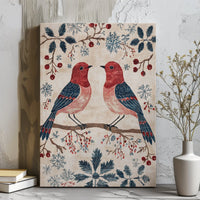 Winter Birds Wall Art, Winter Birds Folk Art Canvas Print, Winter Birds Holiday Poster, Christmas Canvas Print, Digital Download Wall Art