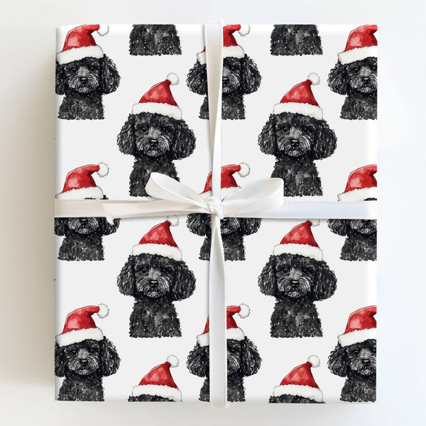 Santa Hat Dog Holiday Gift Wrap, Black Poodle Christmas Wrapping Paper, Festive Puppy Dog Xmas Wrapping Paper, Pet Lover Pres